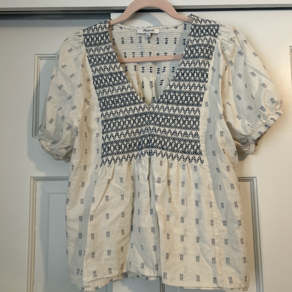 Madewell Navy and Cream Patterned Blouse